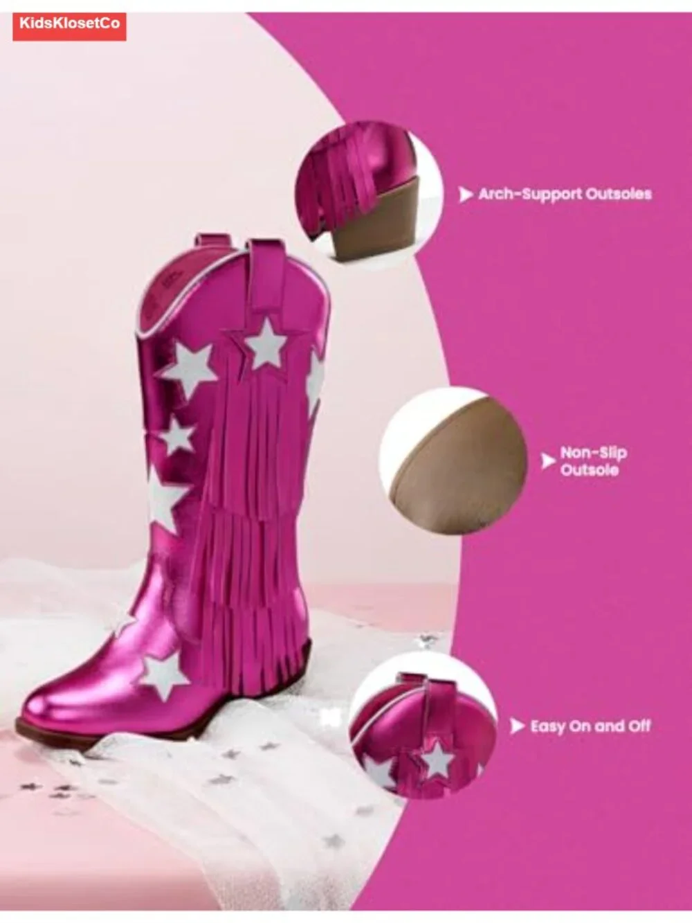 Girls Cowgirl Boots Pointed Toe Stars Tassel Western Fringe Platform Slip-On